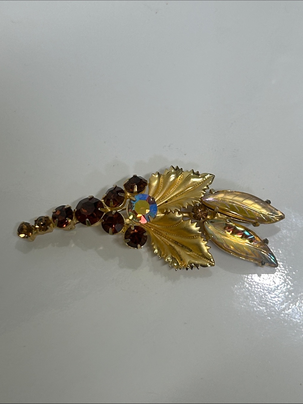 Vintage Gold Tone Amber Rhinestone Leaf Brooch Pin